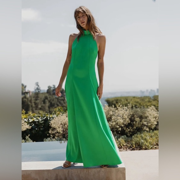 Zara Dresses & Skirts - ZARA Long Dress Green Satin Halter Neck Low Back Backless Size M Apple Maxi